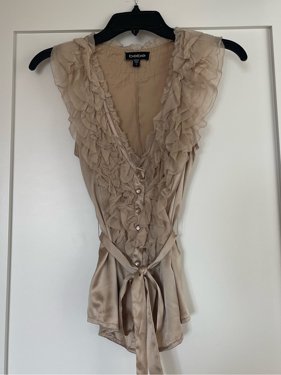 bebe Tops - Cream Silk Ruffle Sleeveless Blouse Size S
